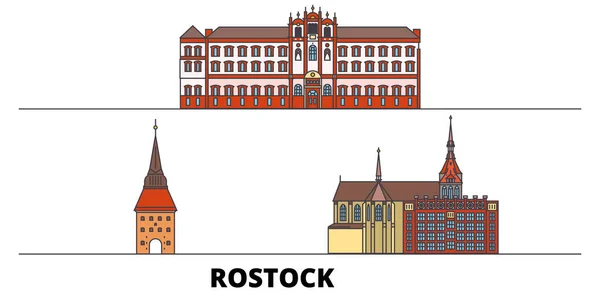 Alemania, Rostock hito plano vector ilustración. Alemania, ciudad de la línea de Rostock con lugares de interés famosos, horizonte, diseño . — Vector de stock