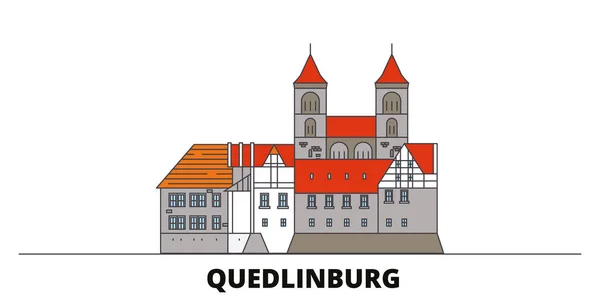 Jerman, Quedlinburg datar markah tanah vektor ilustrasi. Jerman, Quedlinburg kota garis dengan wisata terkenal, skyline, desain . - Stok Vektor