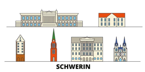 Alemania, Schwerin hito plano vector ilustración. Alemania, Schwerin line city con lugares de interés turístico famosos, horizonte, diseño . — Vector de stock