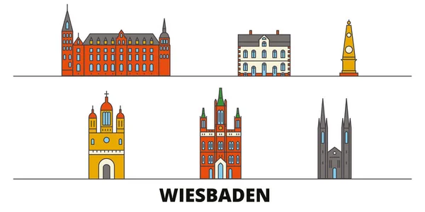 Alemania, Wiesbaden plana monumentos vector ilustración. Alemania, Wiesbaden ciudad con lugares de interés turístico famosos, horizonte, diseño . — Vector de stock
