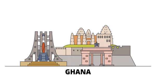 Ghana hito plano vector ilustración. Ghana línea de la ciudad con lugares de interés turístico famosos, horizonte, diseño . — Vector de stock