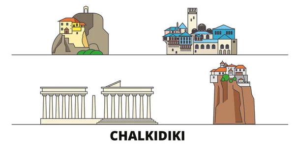 Grecia, Chalkidiki plana monumentos vector ilustración. Grecia, ciudad de la línea de Chalkidiki con las vistas famosas del recorrido, skyline, diseño . — Vector de stock