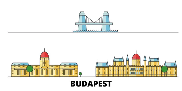 Maďarsko, Budapešť ploché památky vektorové ilustrace. Maďarsko, Budapešť linie město slavných cestovních památky, Panorama, design. — Stockový vektor