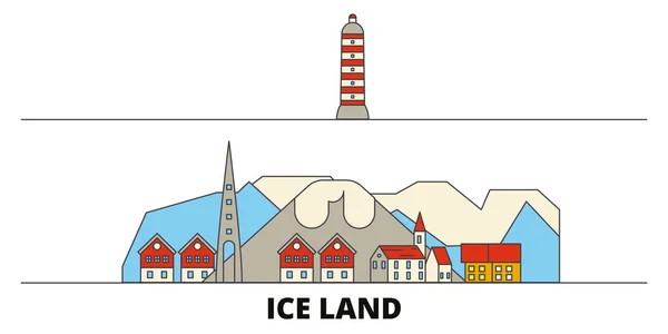 Islandia hito plano vector ilustración. Islandia línea de la ciudad con lugares de interés turístico famosos, horizonte, diseño . — Vector de stock