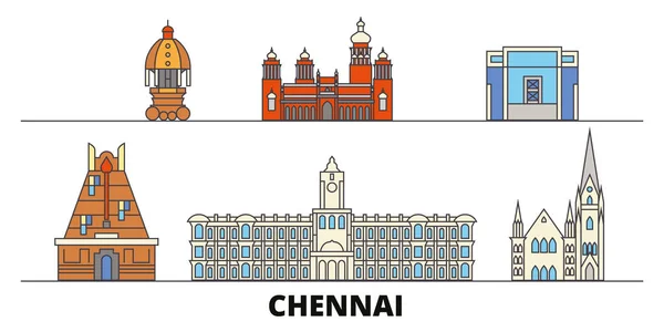 India, Chennai plana monumentos vector ilustración. India, ciudad de la línea de Chennai con lugares de interés turístico famosos, horizonte, diseño . — Vector de stock