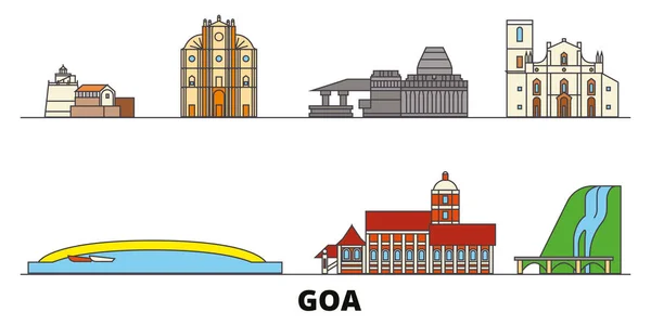 India, Goa plana hito vector ilustración. India, Goa line city con lugares de interés turístico famosos, horizonte, diseño . — Vector de stock