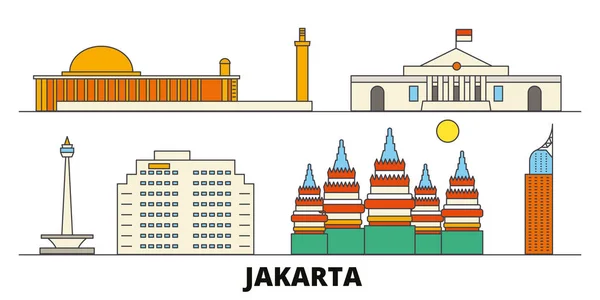 Indonésie, Jakarta repères plats illustration vectorielle. Indonésie, Jakarta line city avec des sites touristiques célèbres, skyline, design . — Image vectorielle