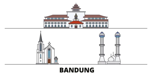 Indonesia, Bandung plana hito vector ilustración. Indonesia, ciudad de la línea de Bandung con lugares de interés turístico famosos, horizonte, diseño . — Vector de stock