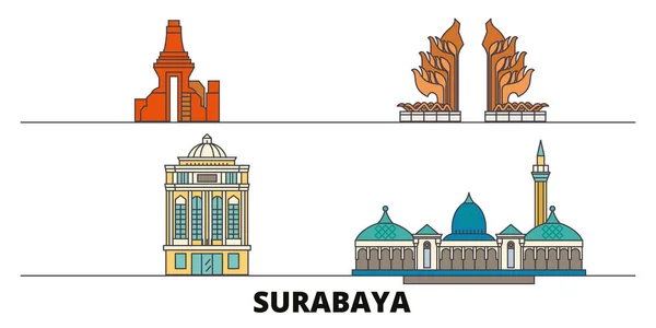 Indonesia, Surabaya datar markah tanah vektor ilustrasi. Indonesia, Kota Surabaya dengan pemandangan wisata terkenal, skyline, desain . - Stok Vektor