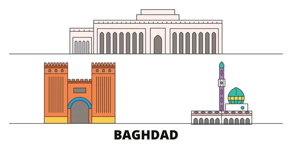 Iraq, Bagdad City flat landmarks vector illustration. Iraq, Bagdad Ciudad línea de la ciudad con lugares de interés turístico famosos, horizonte, diseño . — Vector de stock