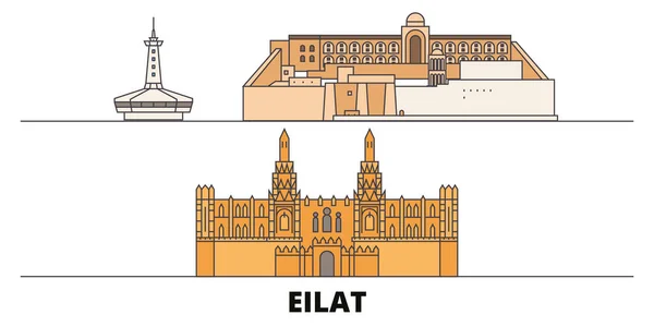 Ισραήλ, Eilat επίπεδη ορόσημα διανυσματικά εικονογράφηση. Ισραήλ, Eilat γραμμή πόλη με το περίφημο ταξίδι αξιοθέατα, στον ορίζοντα, το σχεδιασμό. — Διανυσματικό Αρχείο
