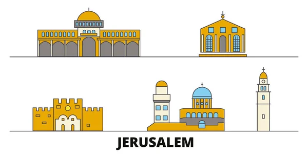 Izrael, Jeruzalém ploché památky vektorové ilustrace. Izrael, Jeruzalém linie město slavných cestovních památky, Panorama, design. — Stockový vektor