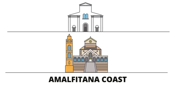 Italia, Costa Amalfitana hito plano vector ilustración. Italia, ciudad de la costa de Amalfi con lugares de interés turístico famosos, horizonte, diseño . — Archivo Imágenes Vectoriales