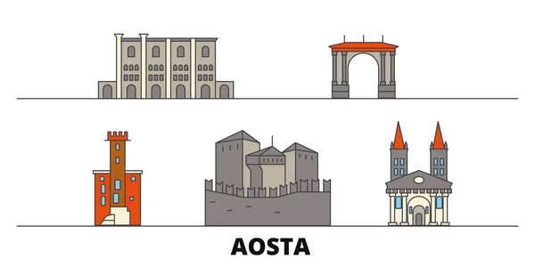 Italia, Aosta plana monumentos vector ilustración. Italia, ciudad de la línea de Aosta con lugares de interés turístico famosos, horizonte, diseño . — Vector de stock