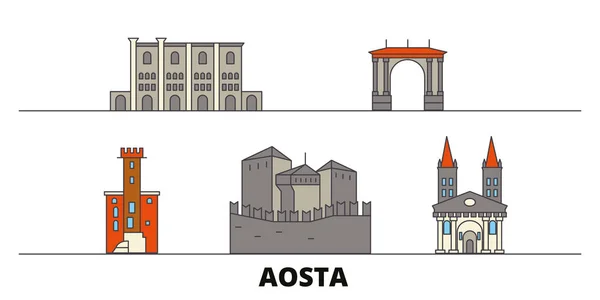 Italie, Aoste repères plats illustration vectorielle. Italie, Aoste ville de ligne avec des sites touristiques célèbres, skyline, design . — Image vectorielle