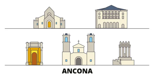 Italia, Ancona plana monumentos vector ilustración. Italia, ciudad de la línea de Ancona con lugares de interés turístico famosos, horizonte, diseño . — Vector de stock
