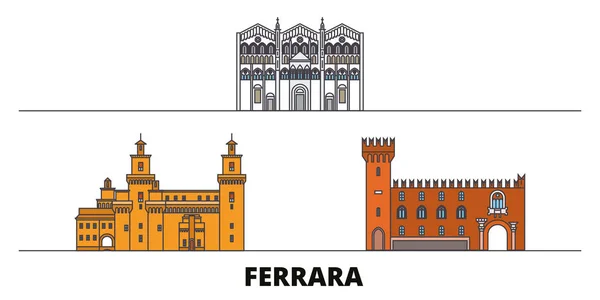 Италия, Ferrara плоские ориентиры векторные иллюстрации. Италия, город Феррара с известными туристическими достопримечательностями, горизонтом, дизайном . — стоковый вектор