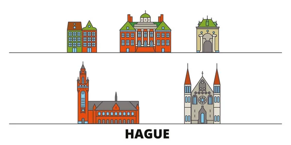 Países Baixos, Ilustração vetorial de marcos planos de Haia. Países Baixos, Haia line city with famous travel sights, skyline, design . — Vetor de Stock