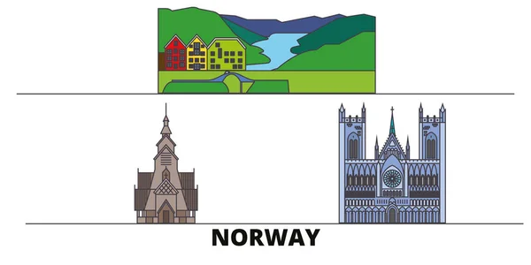 Norge flatmarkerte vektorillustrasjon. Norway line city med berømte reisesikter, skyline, design . – stockvektor