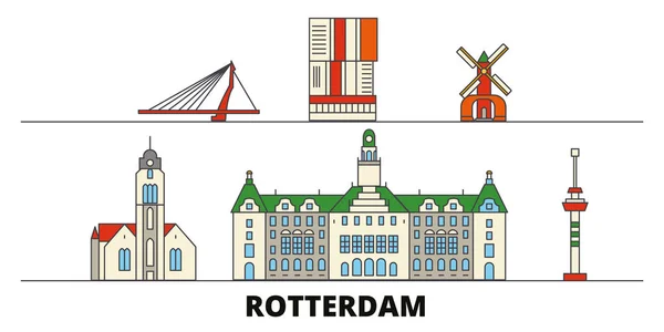 Нидерланды, Роттердам плоские ориентиры векторные иллюстрации. Нидерланды, Роттердам, город с известными достопримечательностями, горизонтом, дизайном . — стоковый вектор