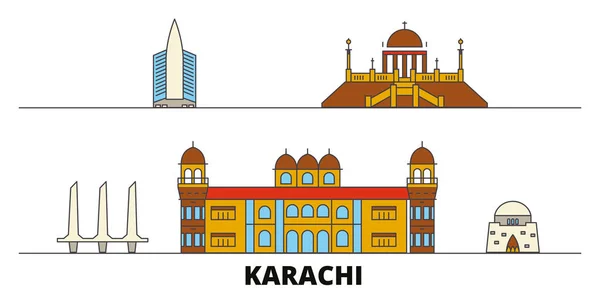 Pakistán, ilustración vectorial de monumentos planos de Karachi. Pakistán, ciudad de la línea de Karachi con lugares de interés turístico famosos, horizonte, diseño . — Vector de stock
