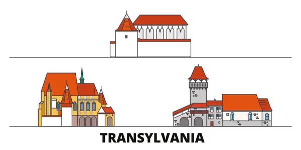 罗马尼亚, 特兰西瓦尼亚平地标向量例证。罗马尼亚, 特兰西瓦尼亚线城市与著名的旅游景点, 天际线, 设计. — 图库矢量图片