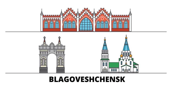 俄罗斯, 布拉戈维申斯克平面地标向量例证。俄罗斯, 布拉戈维申斯克线城市与著名的旅游景点, 天际线, 设计. — 图库矢量图片