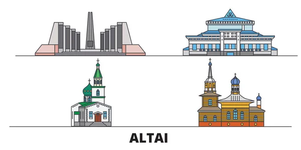 俄罗斯, 戈尔诺阿尔泰斯克平面地标向量例证。俄罗斯, 戈尔诺阿尔泰斯克线城市与著名的旅游景点, 天际线, 设计. — 图库矢量图片