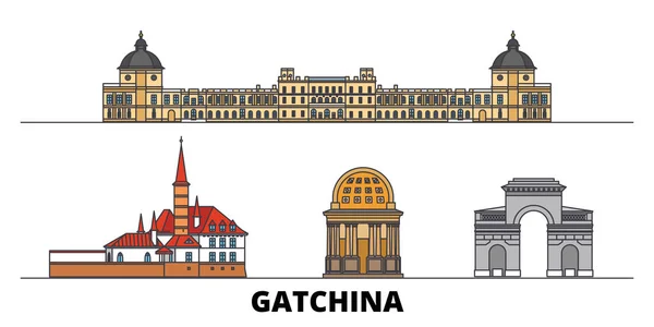 Rusia, Gatchina plana monumentos vector ilustración. Rusia, ciudad de la línea de Gatchina con lugares de interés turístico famosos, horizonte, diseño . — Vector de stock