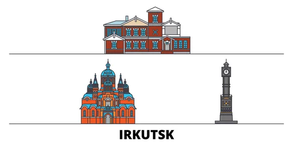 俄罗斯, 伊尔库茨克平面地标向量例证。俄罗斯, 伊尔库茨克线城市与著名的旅游景点, 天际线, 设计. — 图库矢量图片