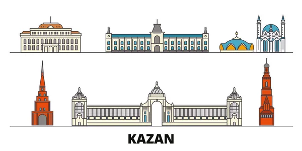 Rusia, Kazan plana hito vector ilustración. Rusia, Kazán ciudad de la línea con lugares de interés turístico famosos, horizonte, diseño . — Archivo Imágenes Vectoriales