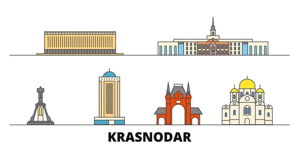 Rusia, Kransodar City plana monumentos vector ilustración. Rusia, Kransodar ciudad línea de la ciudad con lugares de interés turístico famosos, horizonte, diseño . — Vector de stock