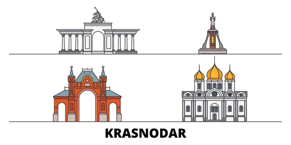 俄罗斯, 克拉斯诺达尔平面地标向量例证。俄罗斯, 克拉斯诺达尔线城市与著名的旅游景点, 天际线, 设计. — 图库矢量图片