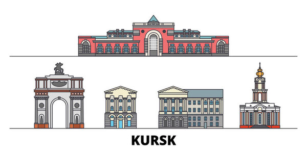 Russia, Kursk flat landmarks vector illustration. Russia, Kursk line city with famous travel sights, skyline, design. 