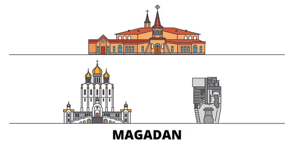 Rusko, Magadan plochý památky vektorové ilustrace. Rusko, město Magadan linie s slavných cestovních památky, Panorama, design. — Stockový vektor