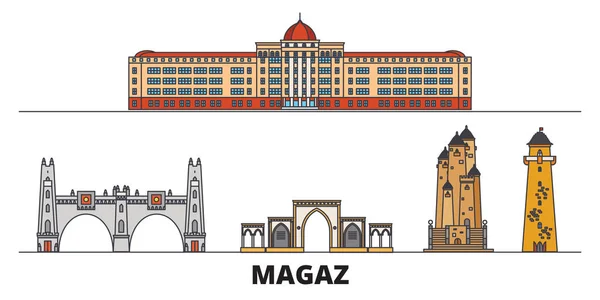 Rusland, Magas platte bezienswaardigheden vector illustratie. Rusland, Magas lijn stad met beroemde reizen bezienswaardigheden, skyline, design. — Stockvector