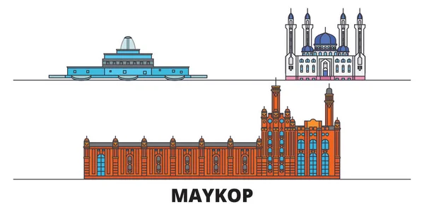 Rusia, Maykop plana hito vector ilustración. Rusia, ciudad de Maykop line con lugares de interés turístico famosos, horizonte, diseño . — Vector de stock