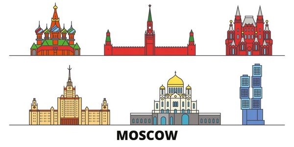 Rusia, Moscú plana monumentos vector ilustración. Rusia, Moscú línea de la ciudad con lugares de interés turístico famosos, horizonte, diseño . — Vector de stock