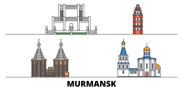 Rusland, Murmansk platte bezienswaardigheden vectorillustratie. Rusland, Murmansk lijn stad met beroemde reizen bezienswaardigheden, skyline, design. — Stockvector