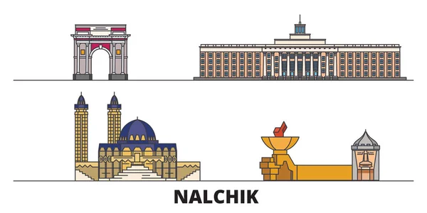 Rusia, Nalchik plana hito vector ilustración. Rusia, ciudad de la línea de Nalchik con lugares de interés turístico famosos, horizonte, diseño . — Vector de stock