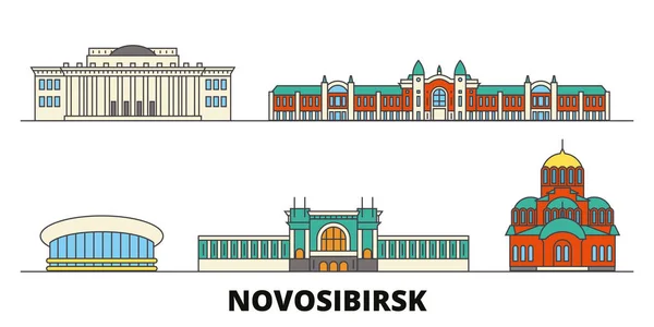 Rusia, Novosibirsk plana monumentos vector ilustración. Rusia, Novosibirsk línea de la ciudad con lugares de interés turístico famosos, horizonte, diseño . — Vector de stock