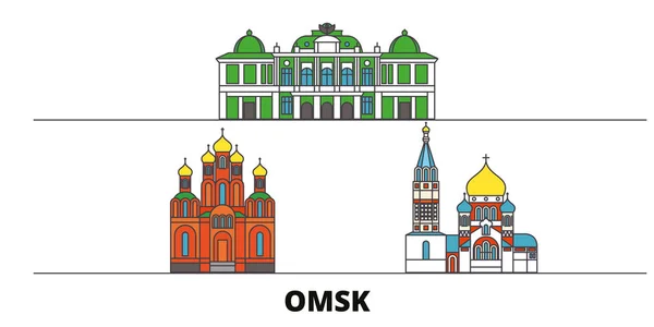 Rusia, Omsk plana monumentos vector ilustración. Rusia, Omsk ciudad línea con lugares de interés turístico famosos, horizonte, diseño . — Vector de stock