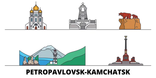 Oroszország, Petropavlovsk Kamchatsk lapos tereptárgyak vektoros illusztráció. Oroszország, Petropavlovsk Kamchatsk vonal város híres utazási látnivalók, városkép, design. — Stock Vector