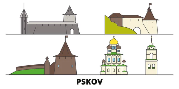 Ρωσία, Pskov επίπεδη εικονογράφηση διάνυσμα ορόσημα. Ρωσία, Pskov γραμμή πόλη με το περίφημο ταξίδι αξιοθέατα, στον ορίζοντα, το σχεδιασμό. — Διανυσματικό Αρχείο