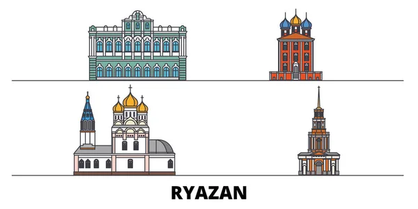 Rusia, ilustración vectorial de monumentos planos de Ryazan. Rusia, ciudad de la línea de Ryazan con lugares de interés turístico famosos, horizonte, diseño . — Vector de stock