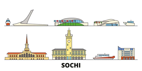 Rusland, Sochi platte bezienswaardigheden vectorillustratie. Rusland, Sochi lijn stad met beroemde reizen bezienswaardigheden, skyline, design. — Stockvector