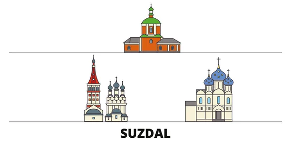 Rusia, Suzdal plana hito vector ilustración. Rusia, Suzdal ciudad línea con lugares de interés turístico famosos, horizonte, diseño . — Vector de stock