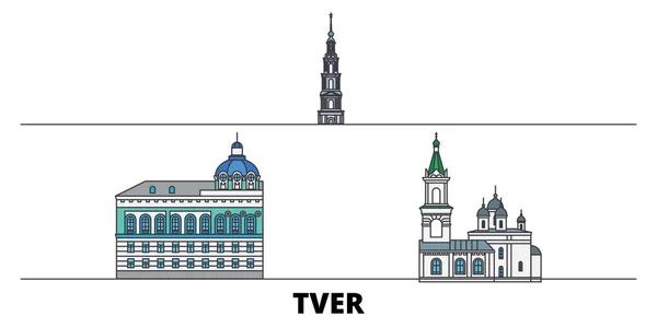 Rusia, ilustración vectorial de hitos planos de Tver. Rusia, ciudad de la línea de Tver con lugares de interés turístico famosos, horizonte, diseño . — Vector de stock