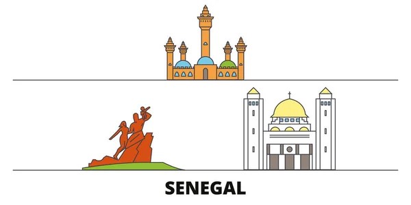 Сенегал плоские ориентиры векторные иллюстрации. Сенегальский город с известными туристическими достопримечательностями, горизонтом, дизайном . — стоковый вектор