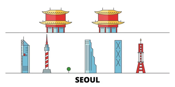 Νότιας Κορέας, Σεούλ επίπεδη εικονογράφηση διάνυσμα ορόσημα. Νότιας Κορέας, Σεούλ πόλη γραμμή με διάσημα ταξίδια αξιοθέατα, στον ορίζοντα, σχεδιασμός. — Διανυσματικό Αρχείο